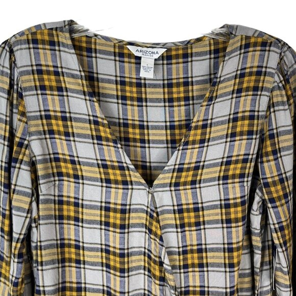 Arizona Jeans Wrap Shirt Top Womens Small Plaid Grey Yellow Blue New - Picture 3 of 10